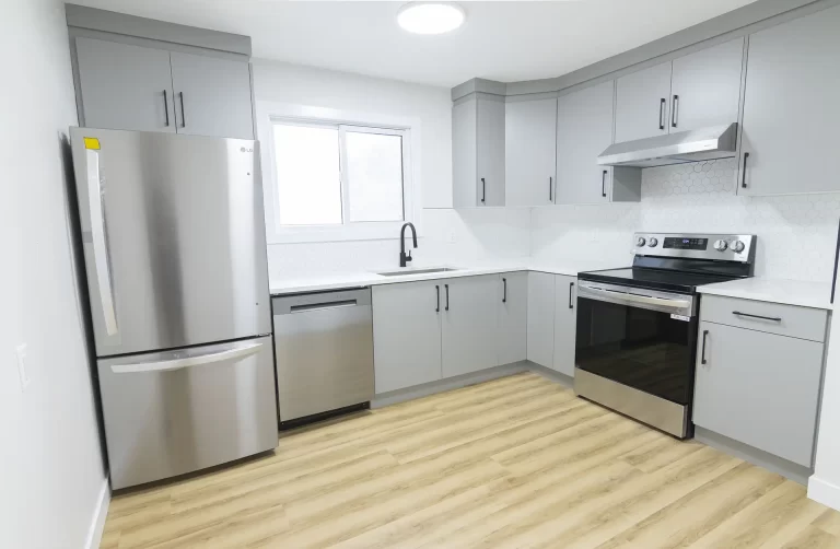 Modern style kitchen with grey cabinets and stainless steel appliances